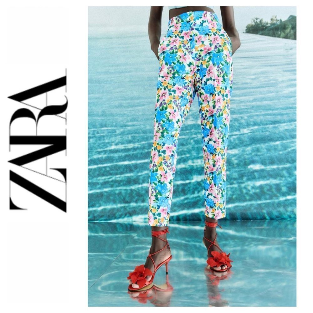 Zara Floral Cropped Trousers in Blue, Pink & Green